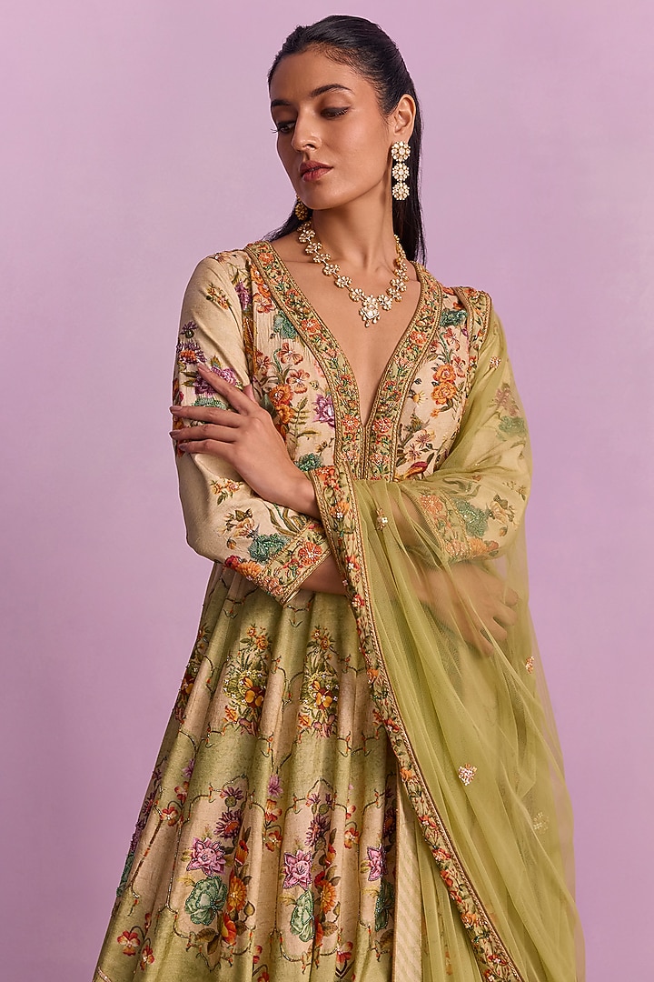 Cream & Pista Green Viscose Silk Embroidered Floral Wedding Anarkali Set by Kalista at Pernia's Pop Up Shop