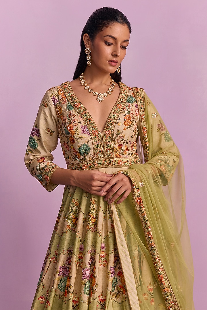 Cream & Pista Green Viscose Silk Embroidered Floral Wedding Anarkali Set by Kalista at Pernia's Pop Up Shop