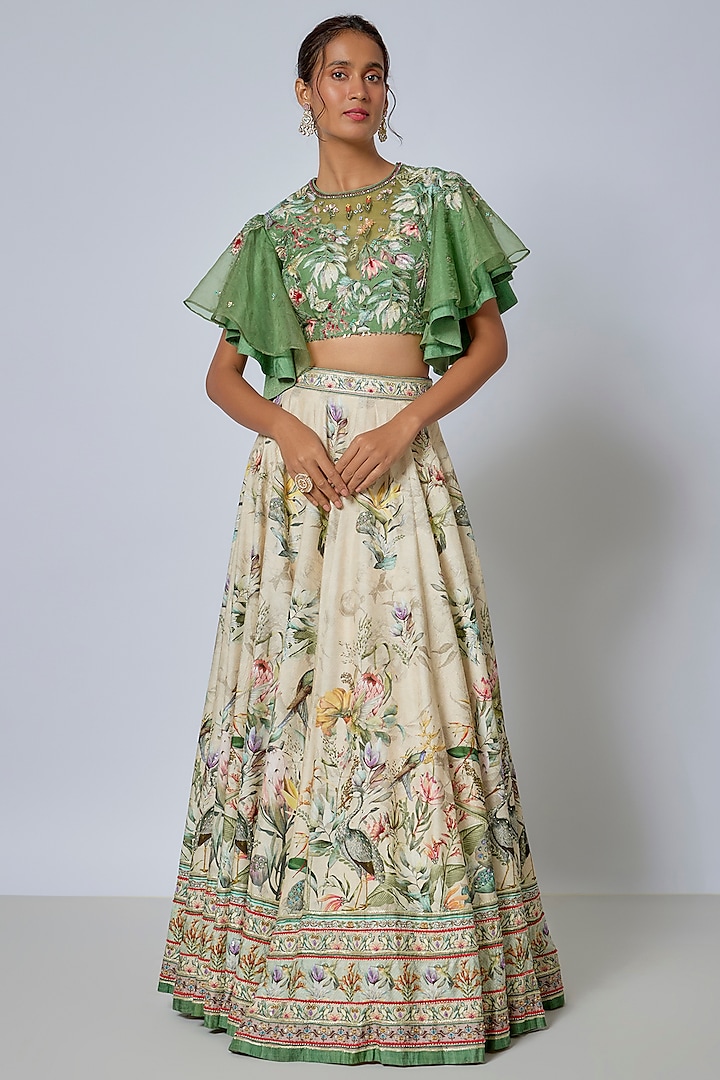 Ivory Viscose Silk Wedding Lehenga Set by Kalista at Pernia's Pop Up Shop