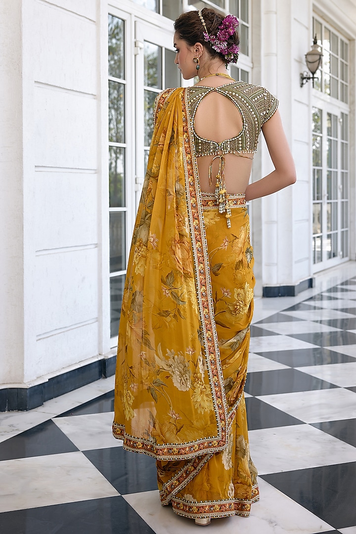 Mustard Viscose Georgette Floral Printed Draped Wedding Saree Set by Kalista at Pernia's Pop Up Shop