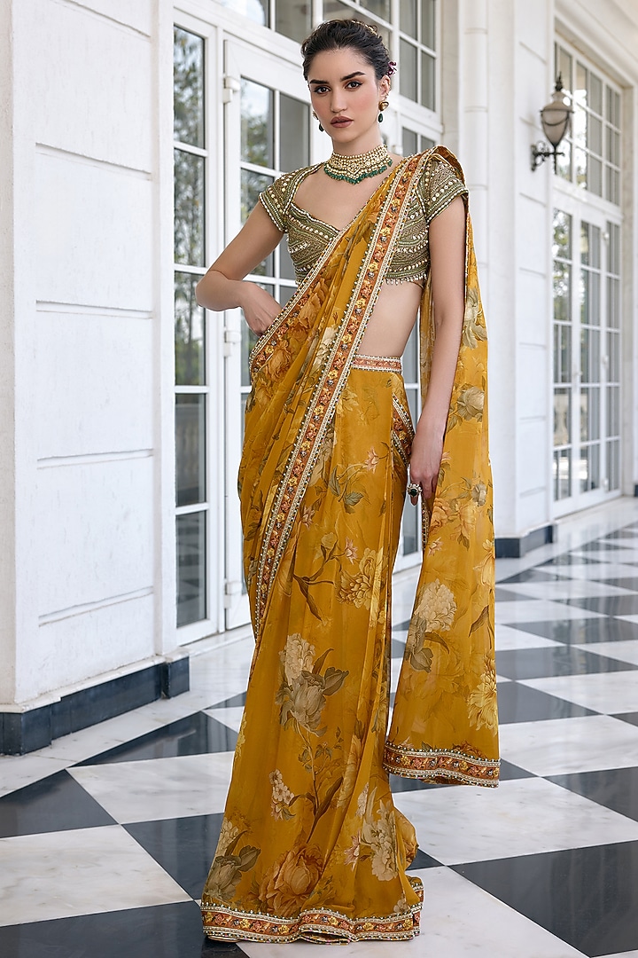 Mustard Viscose Georgette Floral Printed Draped Wedding Saree Set by Kalista at Pernia's Pop Up Shop