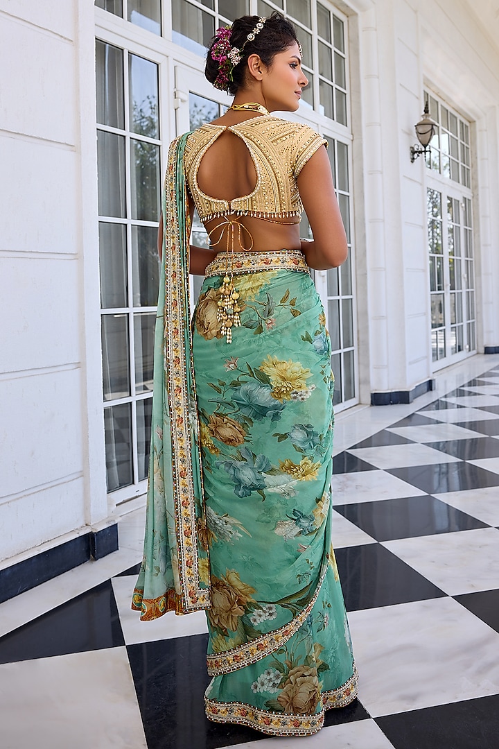 Rama Green Viscose Georgette Floral Printed Draped Wedding Saree Set by Kalista at Pernia's Pop Up Shop