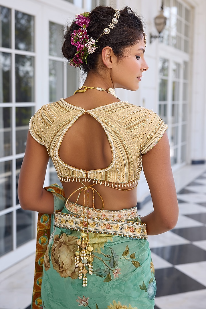 Rama Green Viscose Georgette Floral Printed Draped Wedding Saree Set by Kalista at Pernia's Pop Up Shop