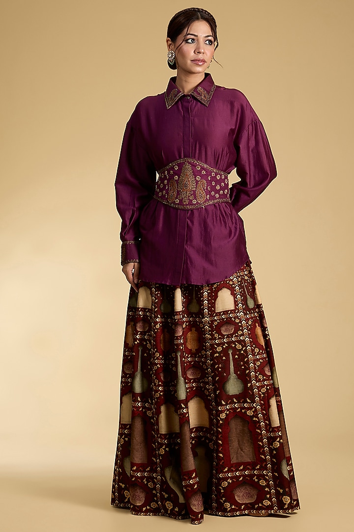 Wine Silk Viscose Digital Printed Skirt Set by Kalista at Pernia's Pop Up Shop