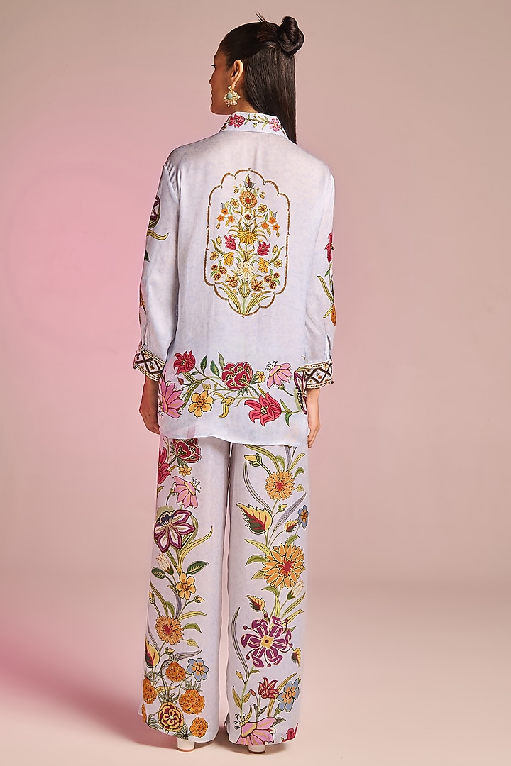 Powder Blue Satin Floral Printed Co-Ord Set by Kalista at Pernia's Pop Up Shop