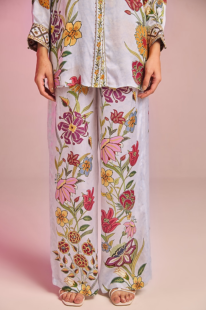 Powder Blue Satin Floral Printed Co-Ord Set by Kalista at Pernia's Pop Up Shop