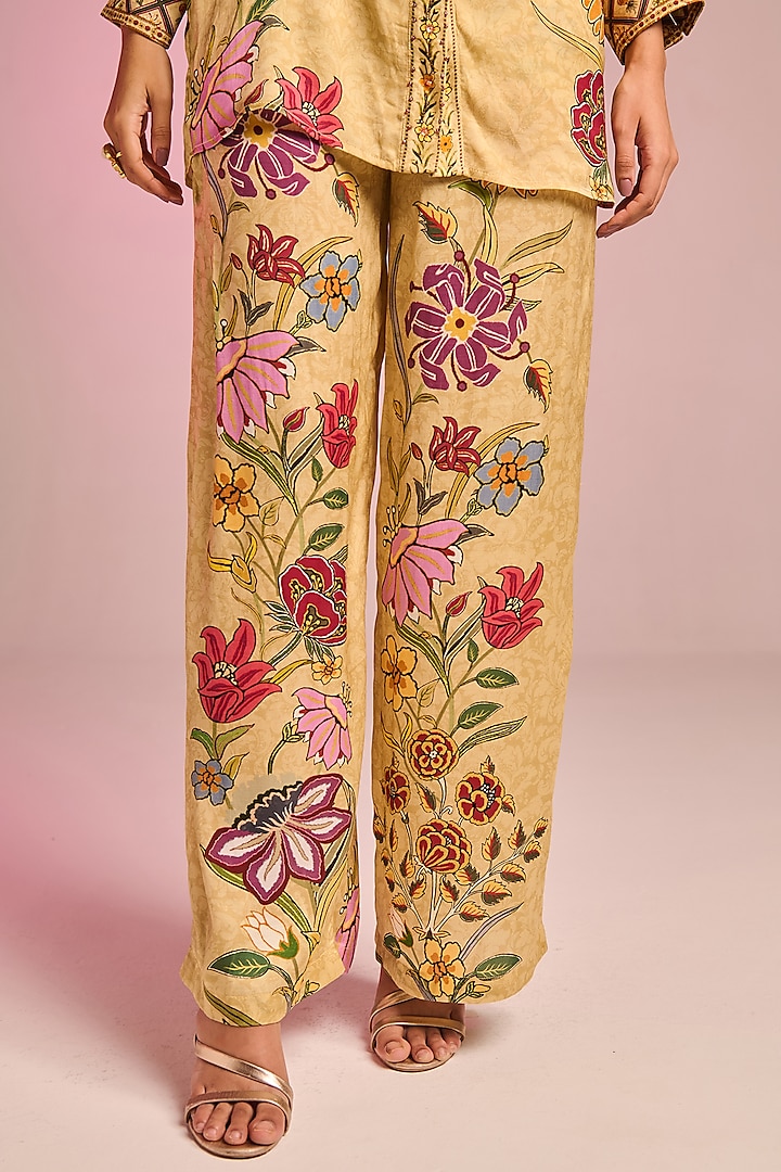 Beige Satin Floral Printed Co-Ord Set by Kalista at Pernia's Pop Up Shop
