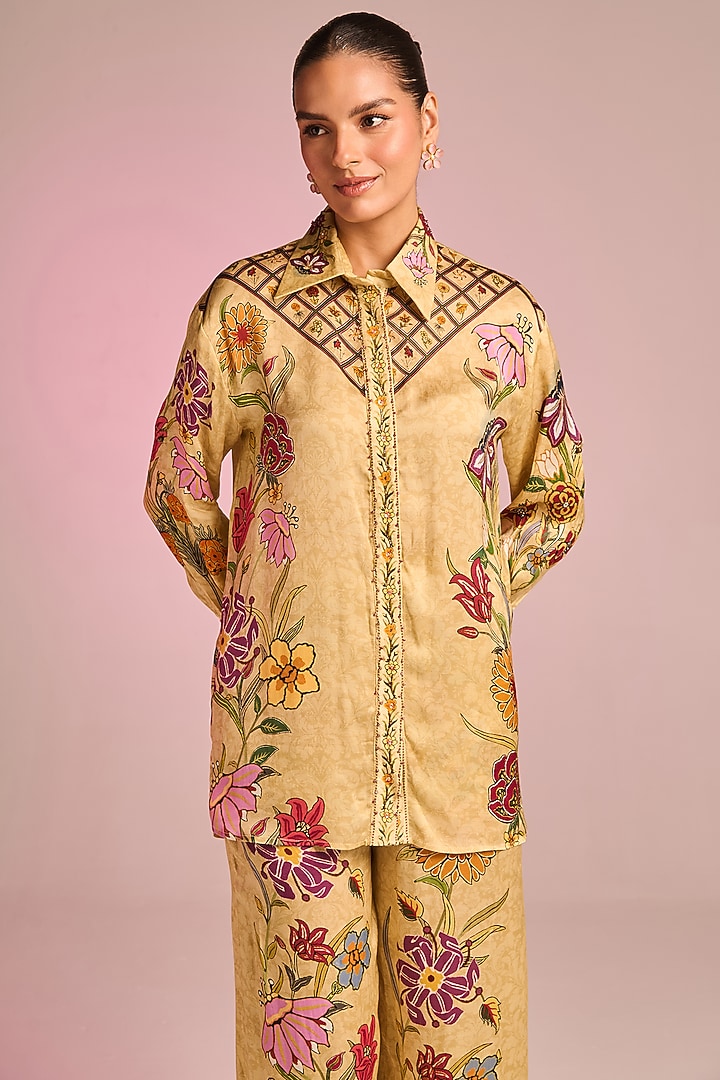 Beige Satin Floral Printed Co-Ord Set by Kalista at Pernia's Pop Up Shop