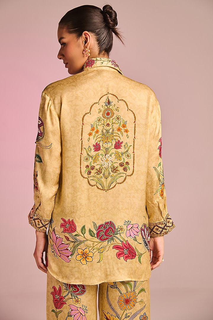Beige Satin Floral Printed Co-Ord Set by Kalista at Pernia's Pop Up Shop