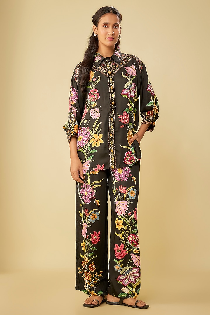 Black Satin Digital Printed Co-Ord Set by Kalista at Pernia's Pop Up Shop