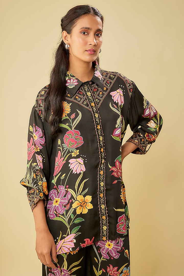 Black Satin Digital Printed Co-Ord Set by Kalista at Pernia's Pop Up Shop