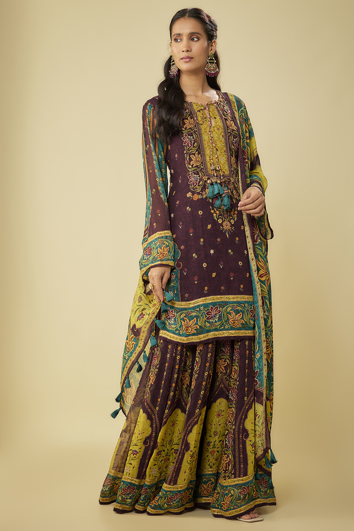 Wine Viscose Georgette Embroidered & Printed Party Wear Sharara Set by Kalista at Pernia's Pop Up Shop