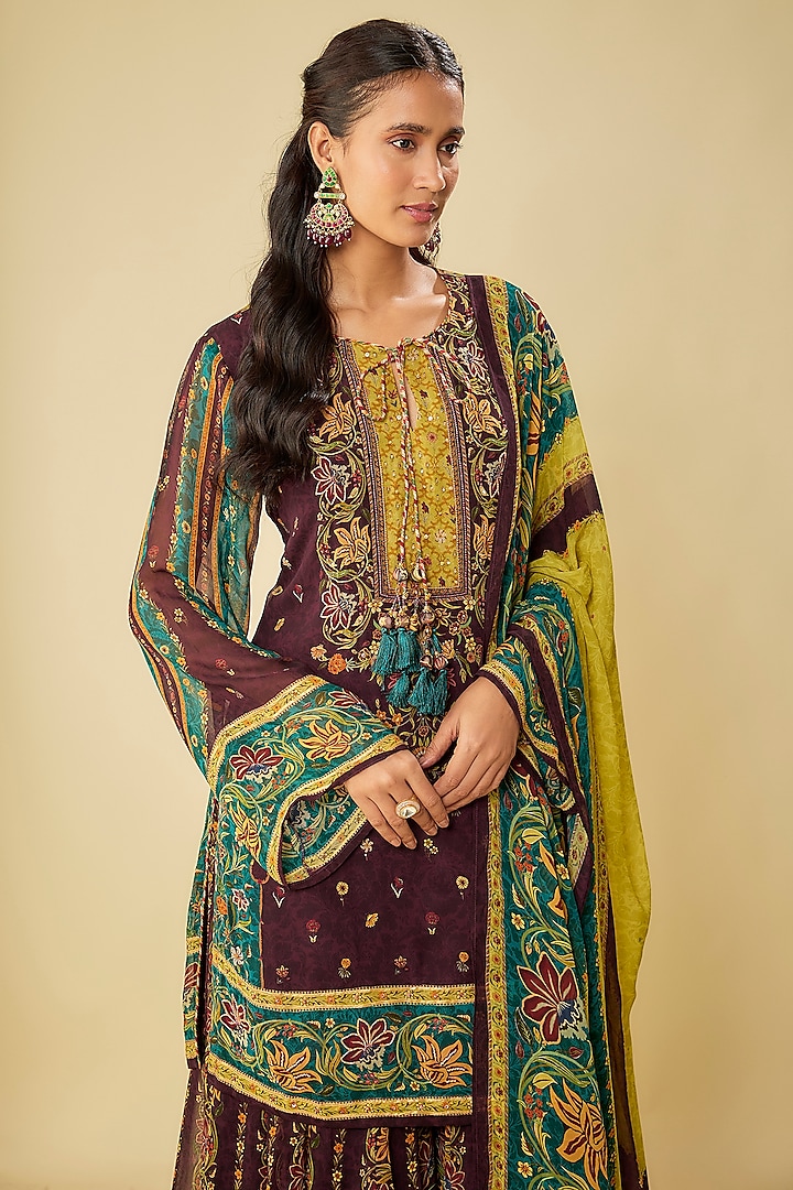 Wine Viscose Georgette Embroidered & Printed Party Wear Sharara Set by Kalista at Pernia's Pop Up Shop