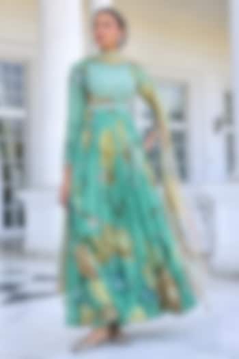 Aqua Green Viscose Georgette Floral Printed Flowy Wedding Anarkali Set by Kalista at Pernia's Pop Up Shop