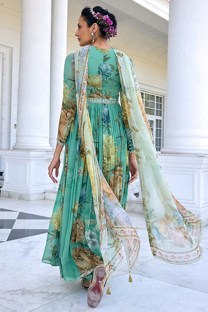 Aqua Green Viscose Georgette Floral Printed Flowy Wedding Anarkali Set by Kalista at Pernia's Pop Up Shop