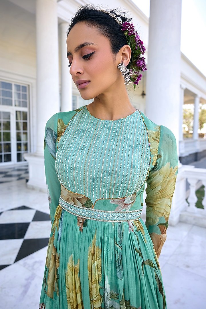 Aqua Green Viscose Georgette Floral Printed Flowy Wedding Anarkali Set by  Kalista at Pernia's Pop Up Shop 2026