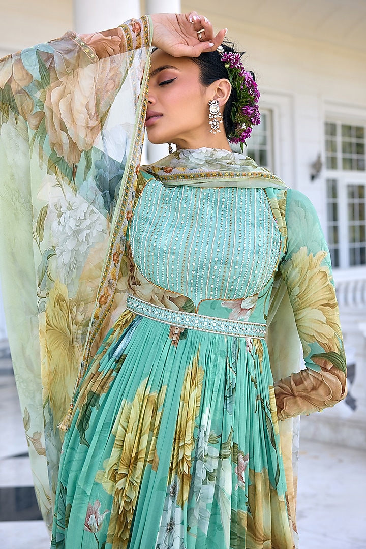 Aqua Green Viscose Georgette Floral Printed Flowy Wedding Anarkali Set by Kalista at Pernia's Pop Up Shop