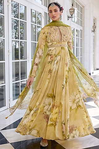 Beige Viscose Georgette Floral Printed Flowy Anarkali Set by Kalista