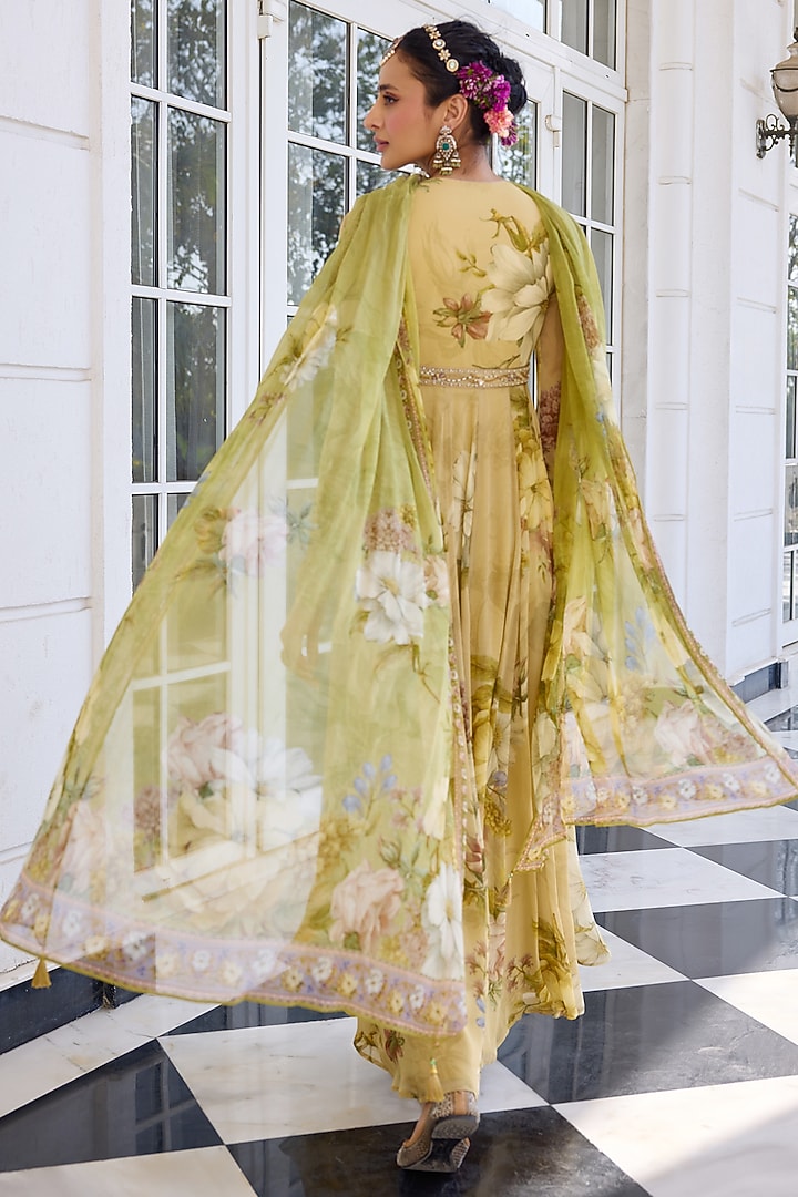 Beige Viscose Georgette Floral Printed Flowy Wedding Anarkali Set by Kalista at Pernia's Pop Up Shop