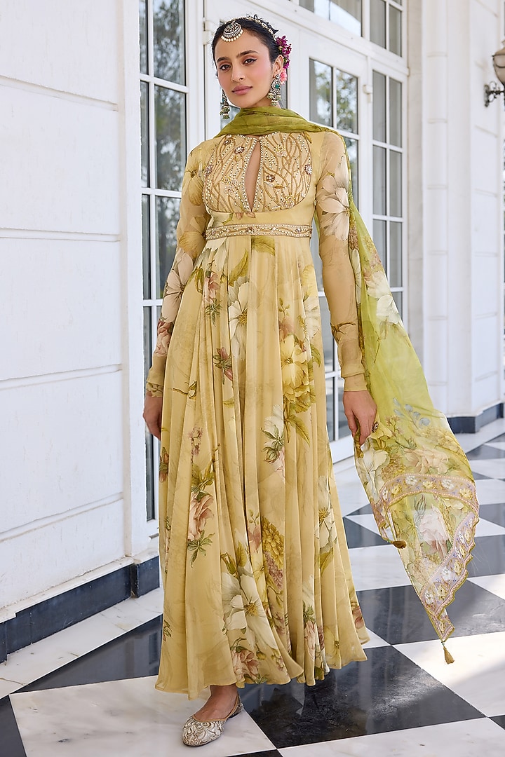 Beige Viscose Georgette Floral Printed Flowy Wedding Anarkali Set by Kalista at Pernia's Pop Up Shop