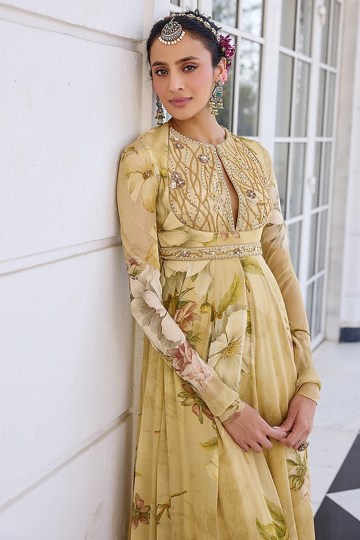 Beige Viscose Georgette Floral Printed Flowy Wedding Anarkali Set by Kalista at Pernia's Pop Up Shop