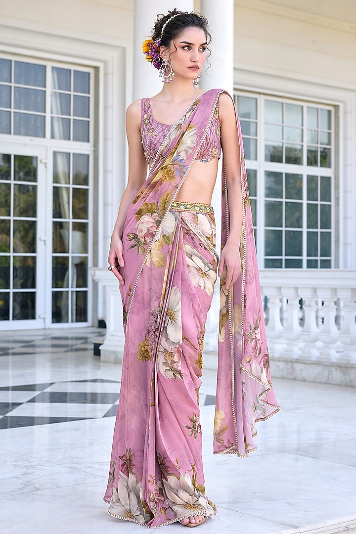 Onion Pink Viscose Georgette Floral Printed Draped Wedding Saree Set by Kalista at Pernia's Pop Up Shop