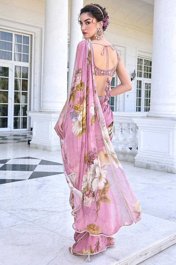 Onion Pink Viscose Georgette Floral Printed Draped Wedding Saree Set by Kalista at Pernia's Pop Up Shop