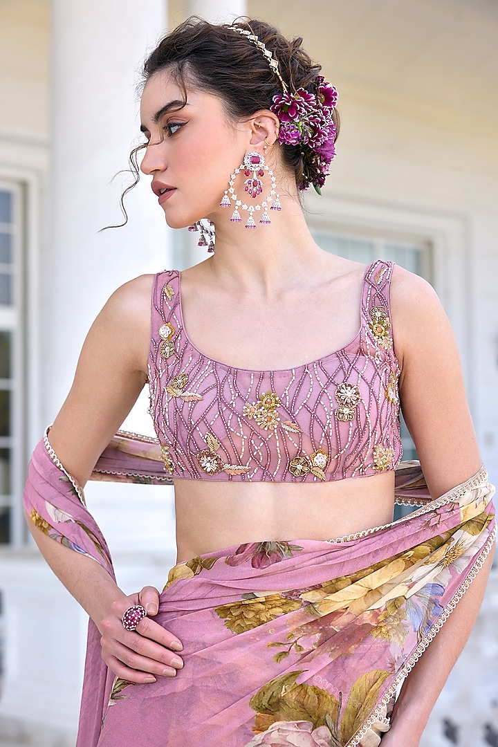 Onion Pink Viscose Georgette Floral Printed Draped Wedding Saree Set by Kalista at Pernia's Pop Up Shop