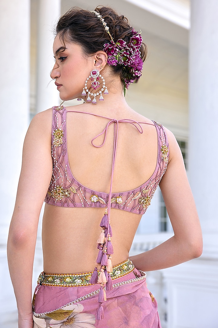 Onion Pink Viscose Georgette Floral Printed Draped Wedding Saree Set by Kalista at Pernia's Pop Up Shop