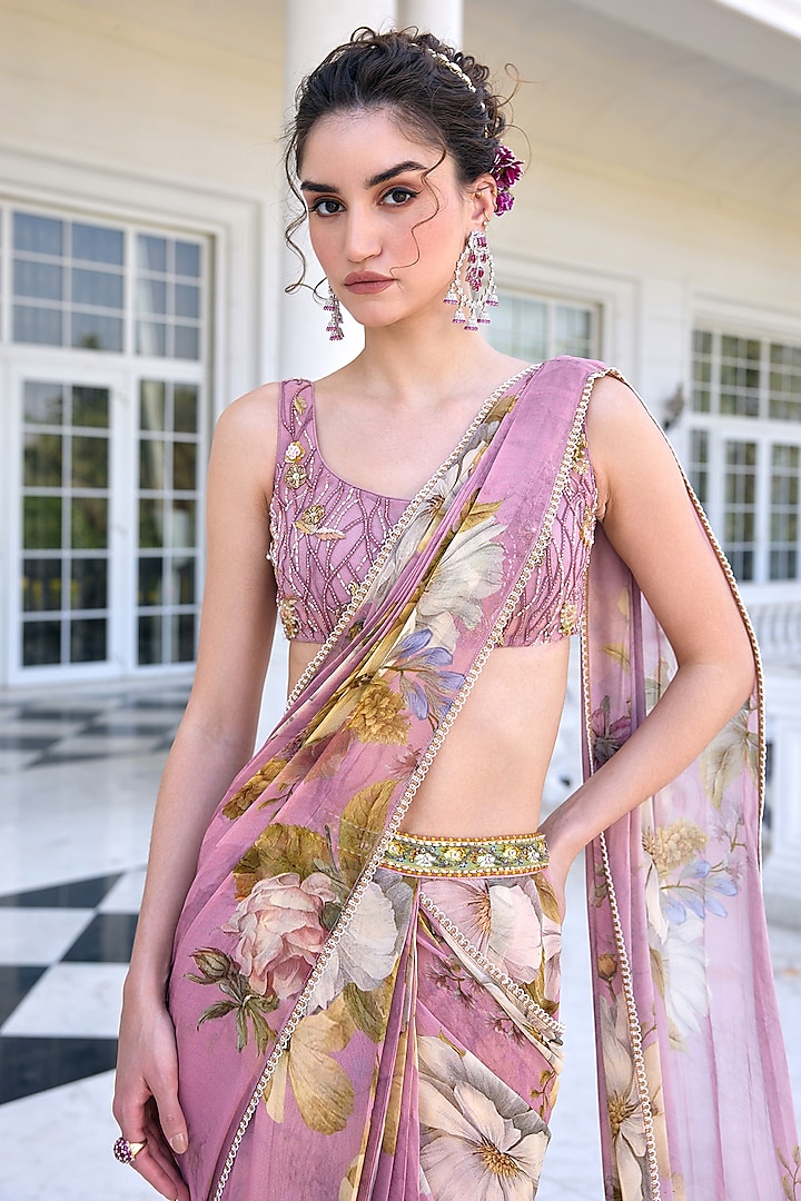 Onion Pink Viscose Georgette Floral Printed Draped Wedding Saree Set by Kalista at Pernia's Pop Up Shop