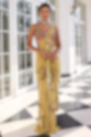 Beige Viscose Georgette Floral Printed Draped Wedding Saree Set by Kalista at Pernia's Pop Up Shop