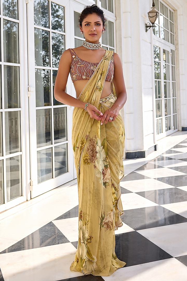 Beige Viscose Georgette Floral Printed Draped Wedding Saree Set by Kalista at Pernia's Pop Up Shop