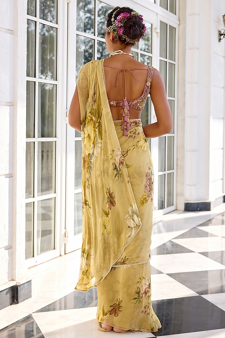 Beige Viscose Georgette Floral Printed Draped Wedding Saree Set by Kalista at Pernia's Pop Up Shop