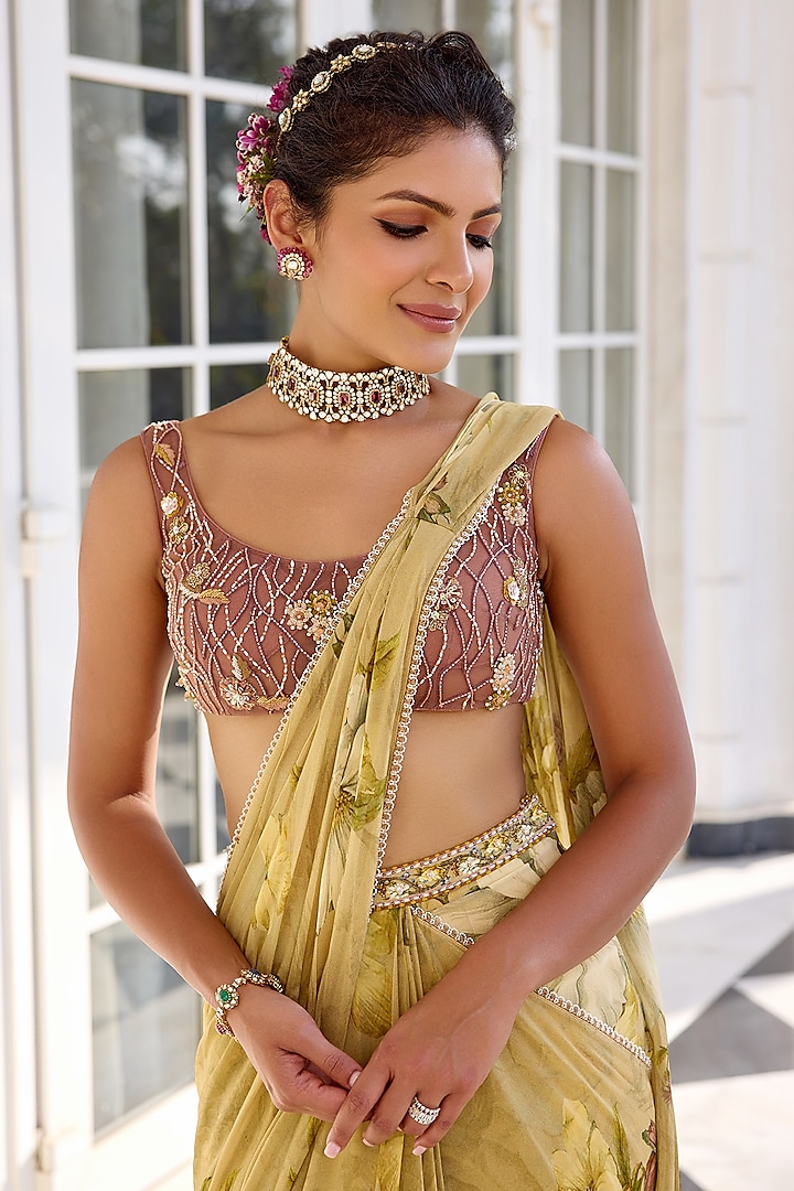 Beige Viscose Georgette Floral Printed Draped Wedding Saree Set by Kalista at Pernia's Pop Up Shop