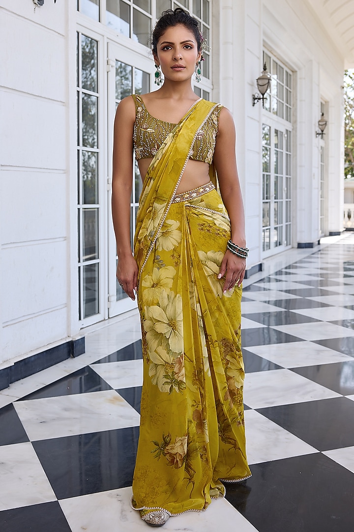 Golden Yellow Viscose Georgette Floral Printed Draped Wedding Saree Set by Kalista at Pernia's Pop Up Shop