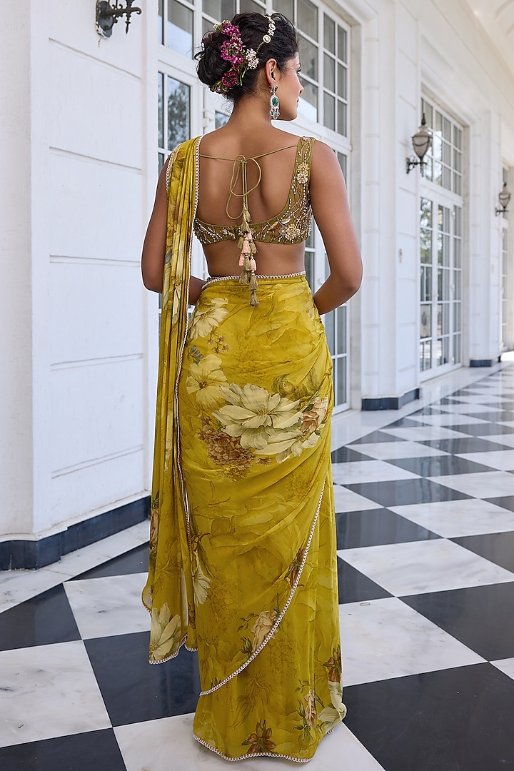 Golden Yellow Viscose Georgette Floral Printed Draped Wedding Saree Set by Kalista at Pernia's Pop Up Shop
