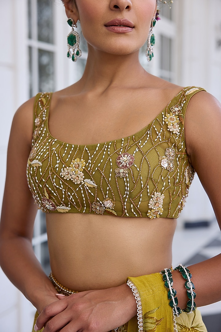 Golden Yellow Viscose Georgette Floral Printed Draped Wedding Saree Set by Kalista at Pernia's Pop Up Shop