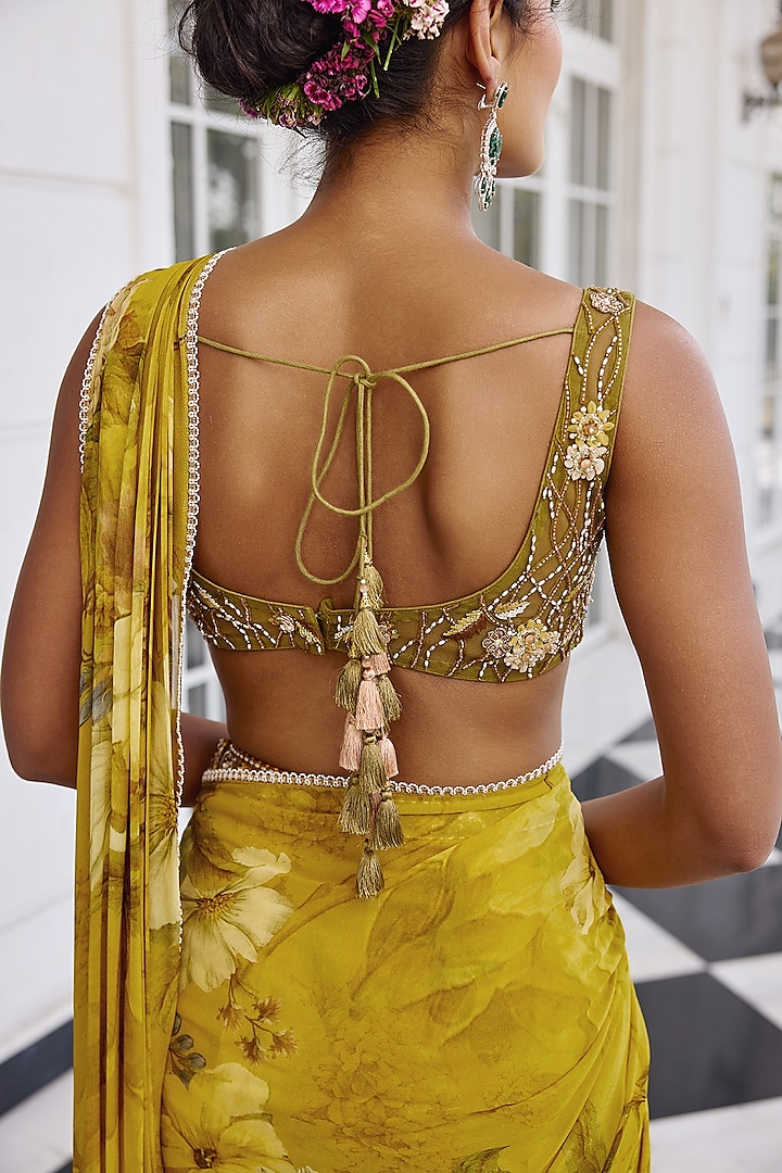Golden Yellow Viscose Georgette Floral Printed Draped Wedding Saree Set by Kalista at Pernia's Pop Up Shop
