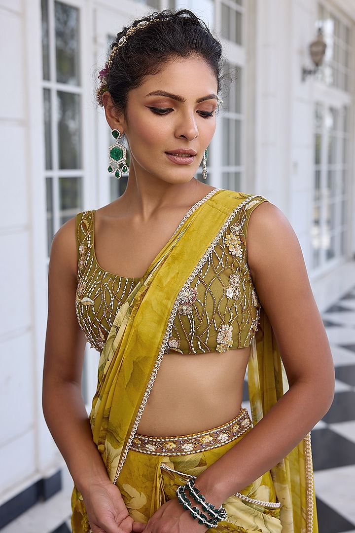 Golden Yellow Viscose Georgette Floral Printed Draped Wedding Saree Set by Kalista at Pernia's Pop Up Shop