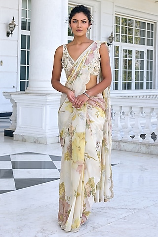 Ecru Tissue Floral Printed Draped Saree Set by Kalista