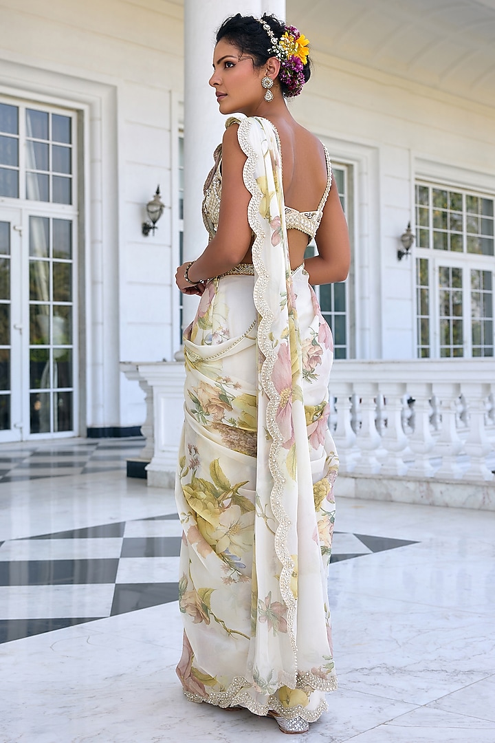 Ecru Tissue Floral Printed Draped Wedding Saree Set by Kalista at Pernia's Pop Up Shop
