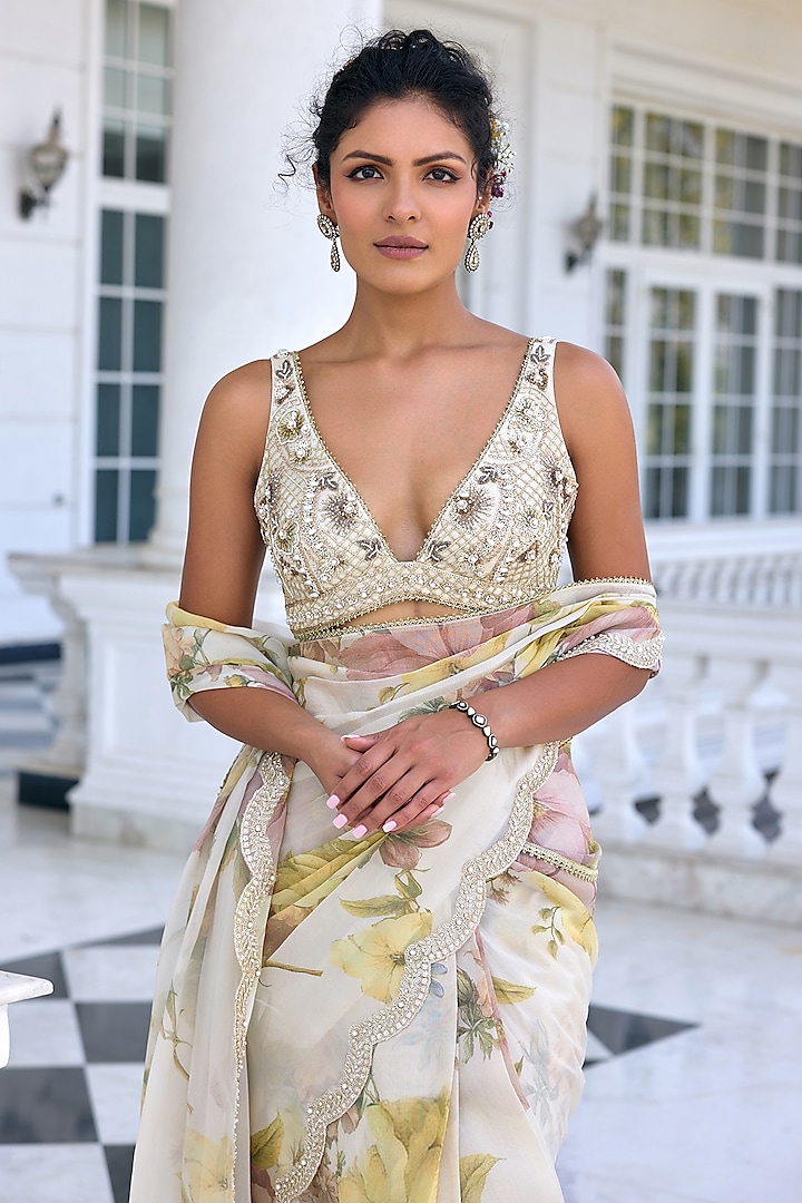 Ecru Tissue Floral Printed Draped Wedding Saree Set by Kalista at Pernia's Pop Up Shop