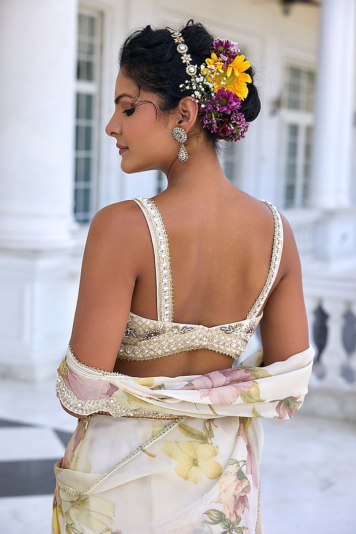 Ecru Tissue Floral Printed Draped Wedding Saree Set by Kalista at Pernia's Pop Up Shop