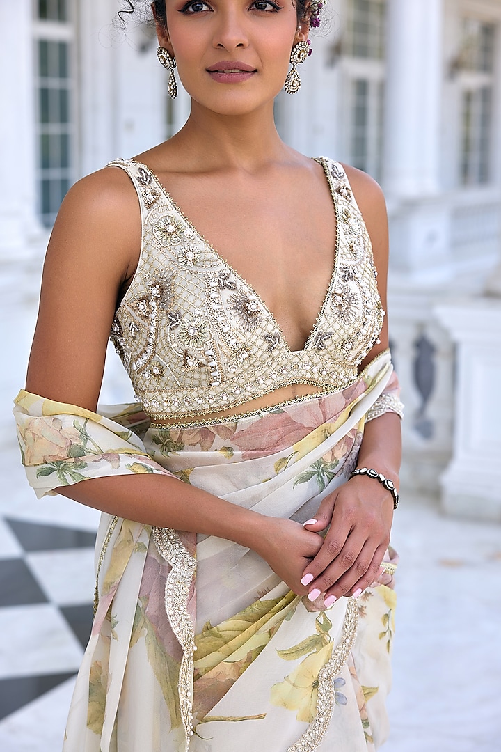 Ecru Tissue Floral Printed Draped Wedding Saree Set by Kalista at Pernia's Pop Up Shop