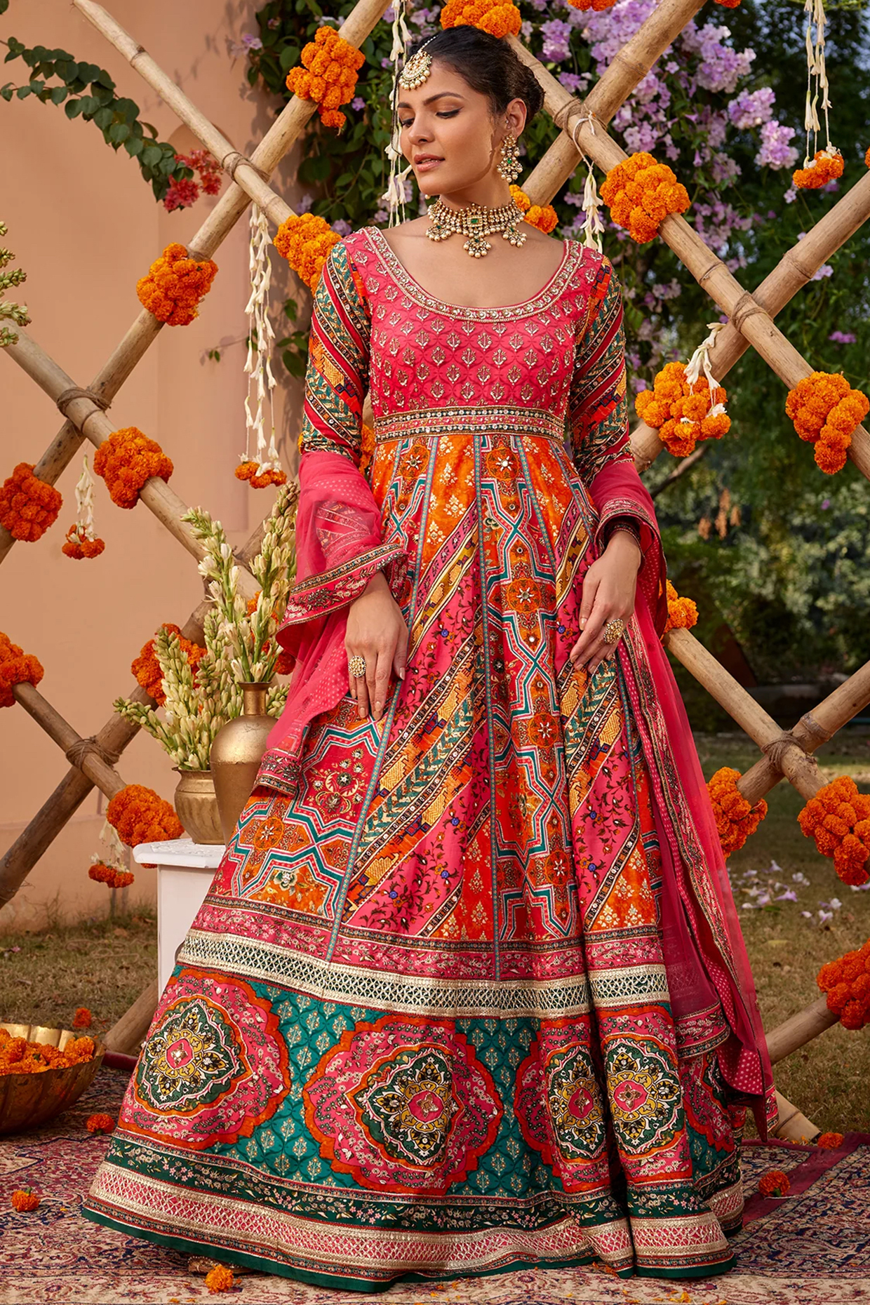 Fuchsia Raw Silk Printed & Sequins Embroidered Wedding Anarkali Set by Kalista at Pernia's Pop Up Shop