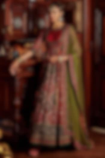 Red Viscose Silk Hand-Painted & Embroidered Wedding Anarkali Set by Kalista at Pernia's Pop Up Shop