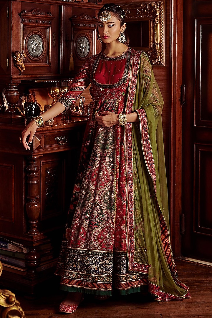 Red Viscose Silk Hand-Painted & Embroidered Wedding Anarkali Set by Kalista at Pernia's Pop Up Shop