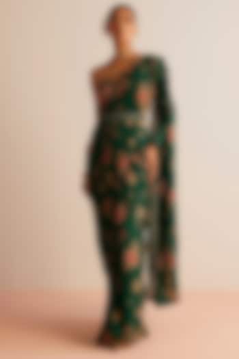 Bottle Green Viscose Georgette Hand-Painted Wedding Saree Set by Kalista at Pernia's Pop Up Shop