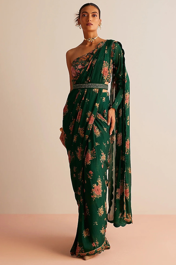 Bottle Green Viscose Georgette Hand-Painted Wedding Saree Set by Kalista at Pernia's Pop Up Shop
