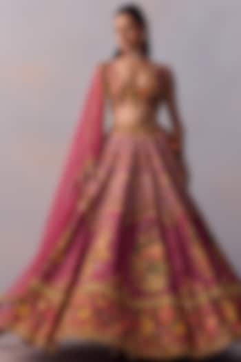 Pink Viscose Silk & Tulle Sequins Hand Embroidered Wedding Lehenga Set by Kalista at Pernia's Pop Up Shop